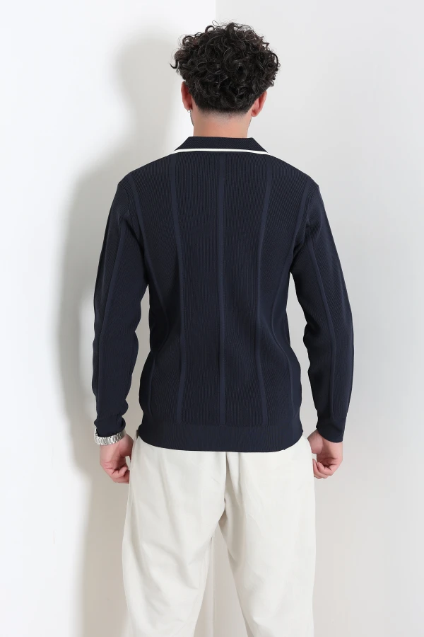 Çizgili Polo Yaka Erkek Triko Sweat Lacivert 8