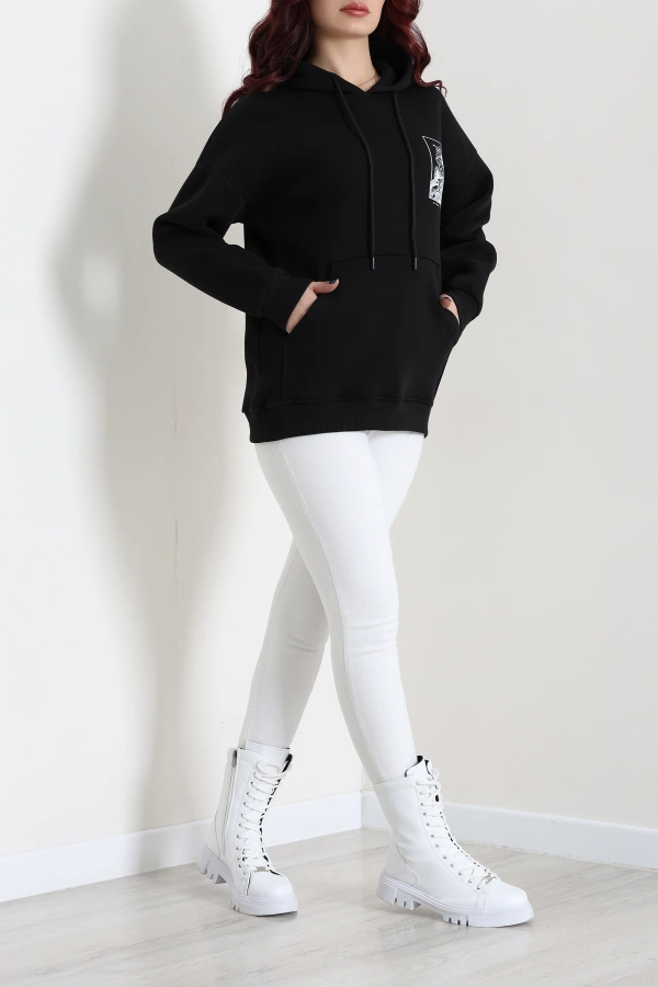 Kadın Siyah Kapüşonlu Baskılı Oversize Sweat 2