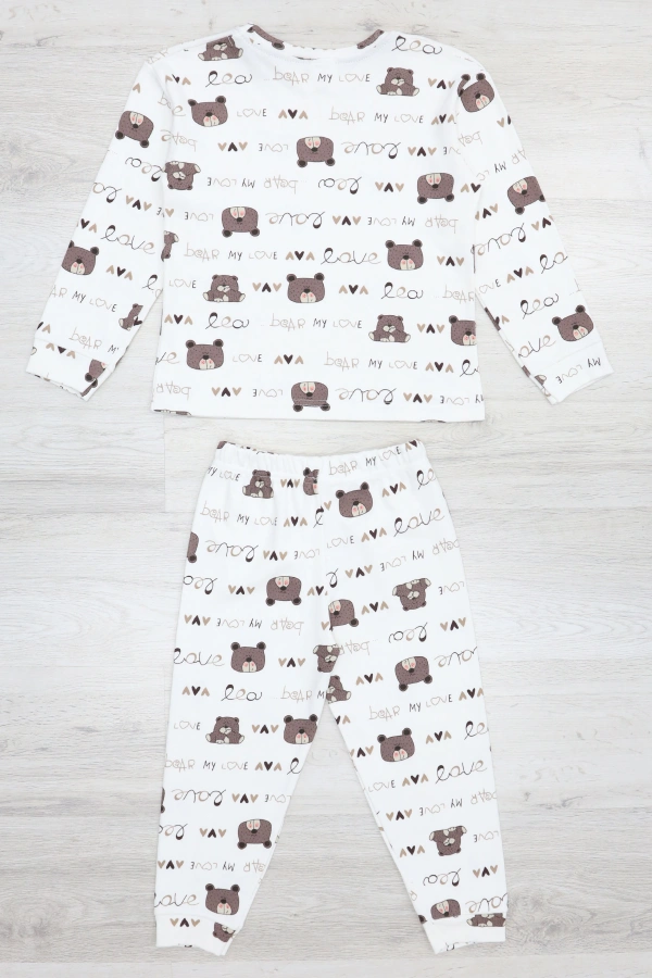 Çocuk Beyazkahve Desenli Pamuklu Rahat Kesim Pijama Takımı 7
