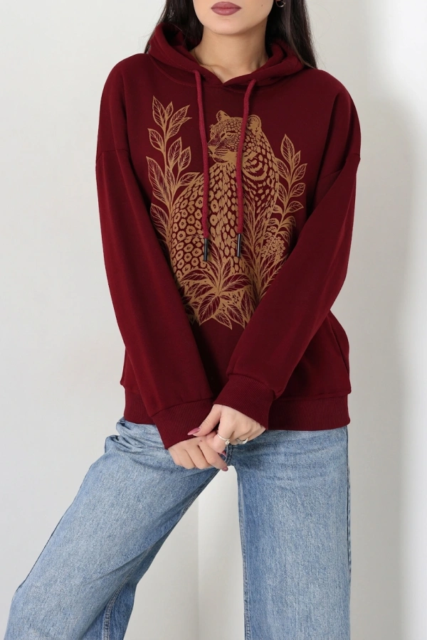 Kadın Bordo Üç İplik Kapüşonlu Baskılı Sweat Tunik 3