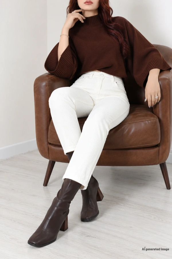 Pul Detay Mom Kot Pantolon Krem