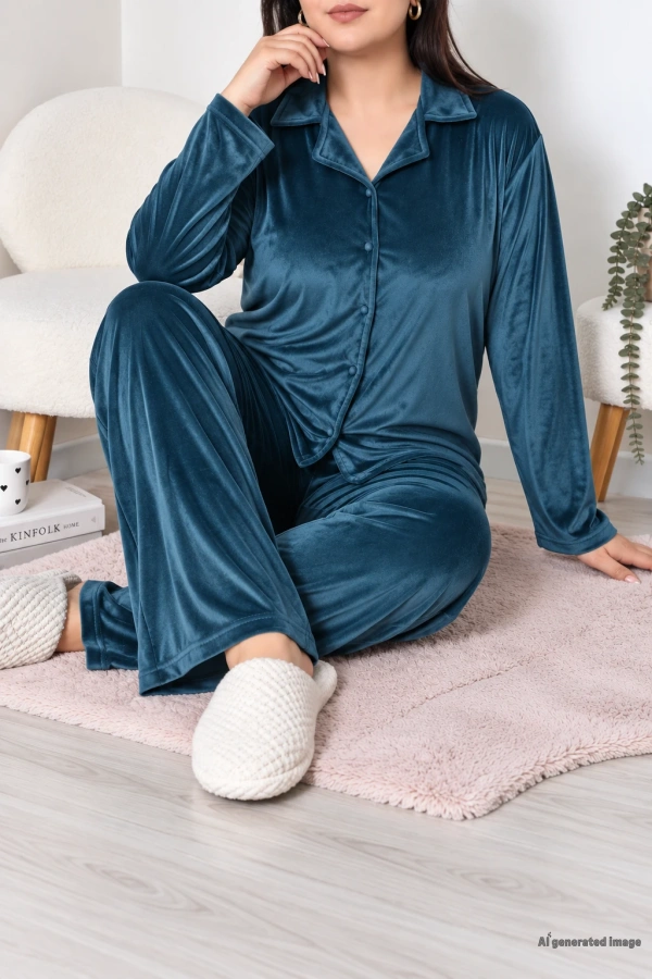 Fransız Kadife Büyük Beden Düğmeli Pijama Takımı Petrol