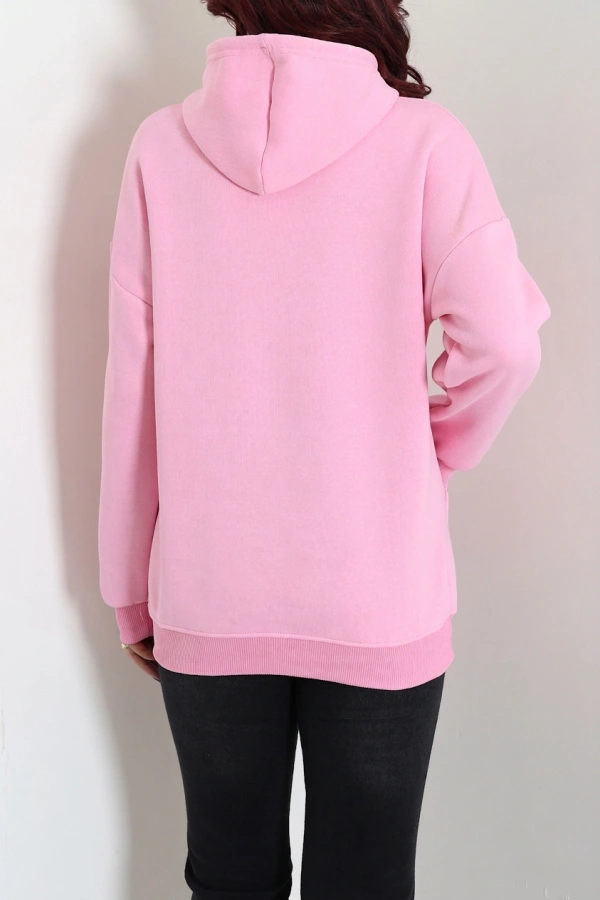 Kadın Pembe Kapüşonlu Baskılı Oversize Sweat Tunik 8