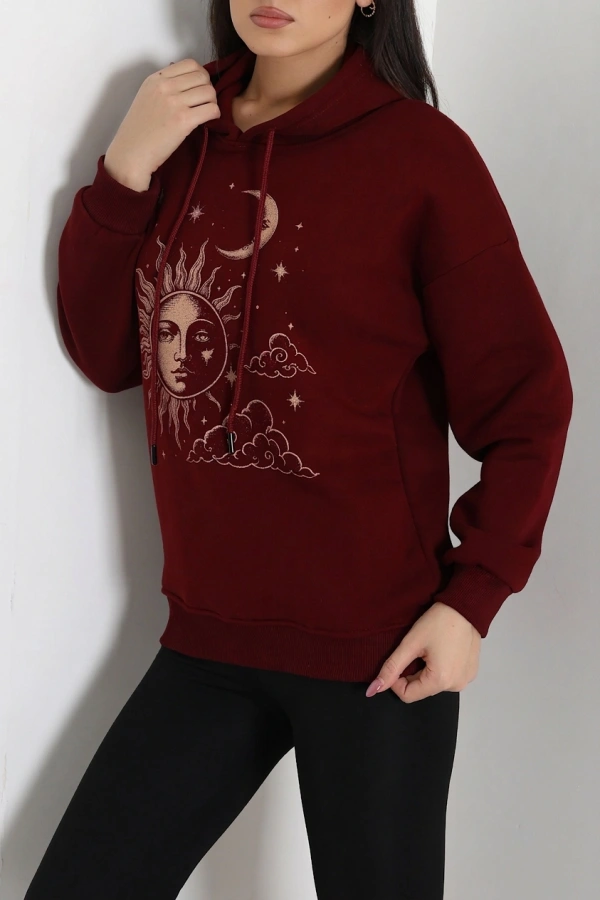 Kadın Bordo Üç İplik Kapüşonlu Baskılı Sweat Tunik 3