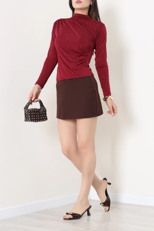 Dik Yaka Drapeli Simli Sandy Bluz Bordo 4