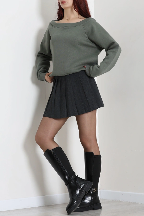 Kadın Haki Kayık Yaka 3 İplik Şardonlu Sweatshirt Tunik 6