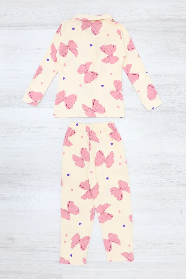 Çocuk Bej Baskılı Süet Düğmeli 5-12 Yaş Pijama Takımı 7
