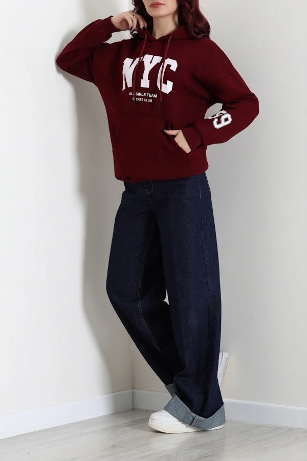Kadın Bordo Kapüşonlu Baskılı Sweat Tunik 4
