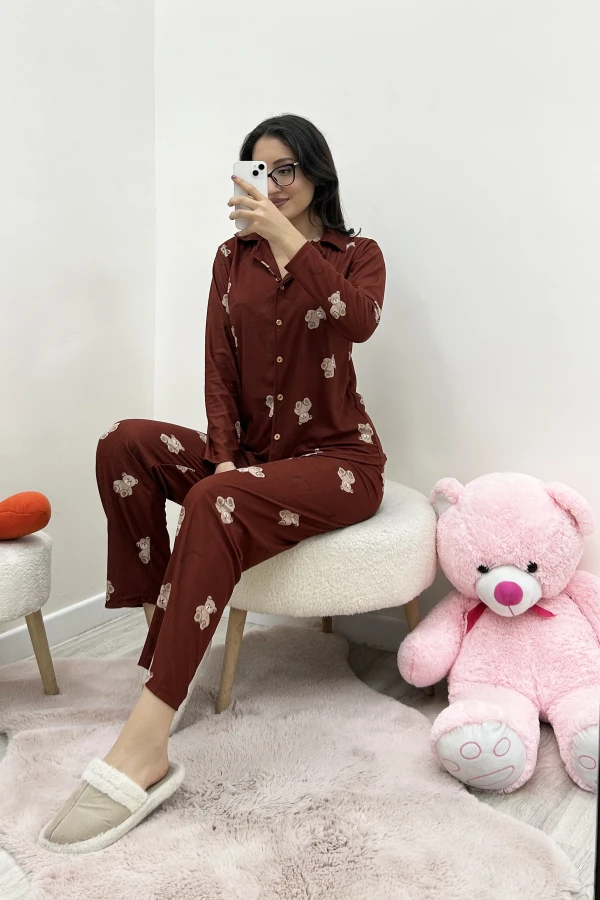 Süet Düğmeli Pijama Takımı Kiremit 8
