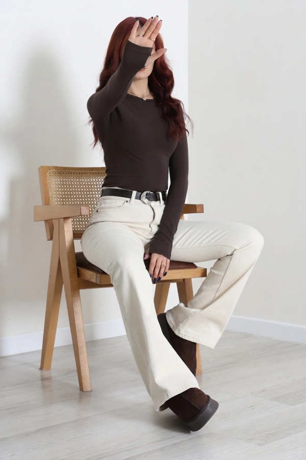 Kadın Acıkahve Likralı Süprem Bisiklet Yaka Parmak Geçmeli Body 2