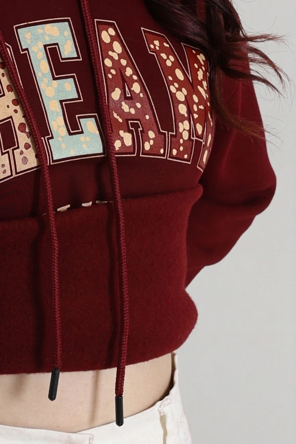 Kadın Bordo Üç İplik Baskılı Kapüşonlu Sweat 7