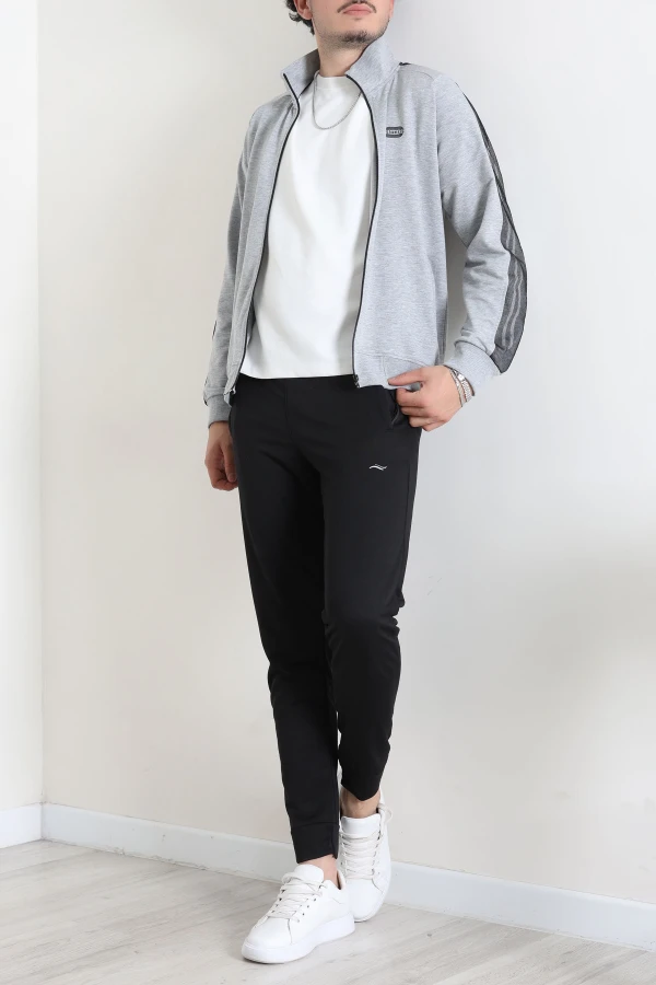 2 İplik Premium Fermuarlı Şeritli  Erkek Sweat Erkek Sweat Gri