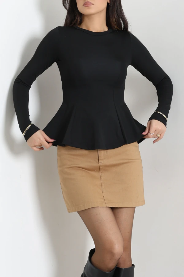 Kadın Siyah Likralı Dalgıç Peplum Bluz Fitilli Yaka Uzun Kollu