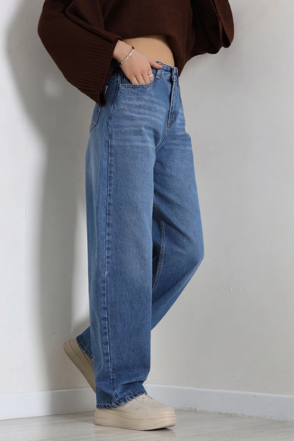 Kadın Mavi Baggy Fit Yüksek Bel Bol Paça Kot Pantolon 5