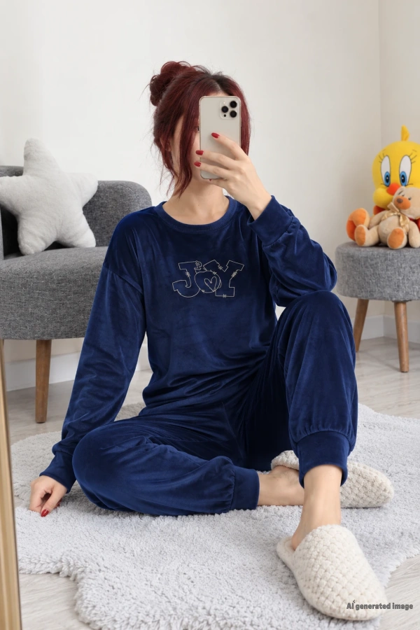 Fransız Kadife Pijama Takımı Lacivert