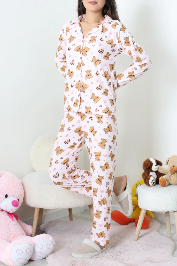 Süet Düğmeli Pijama Takımı Pembekahve 6