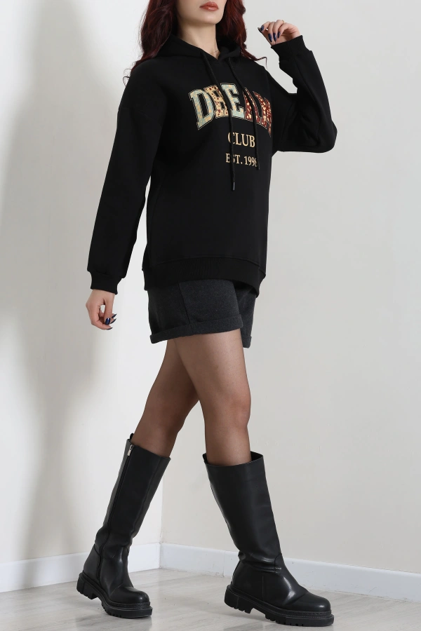 Kadın Siyah Üç İplik Baskılı Kapüşonlu Oversize Sweat 6