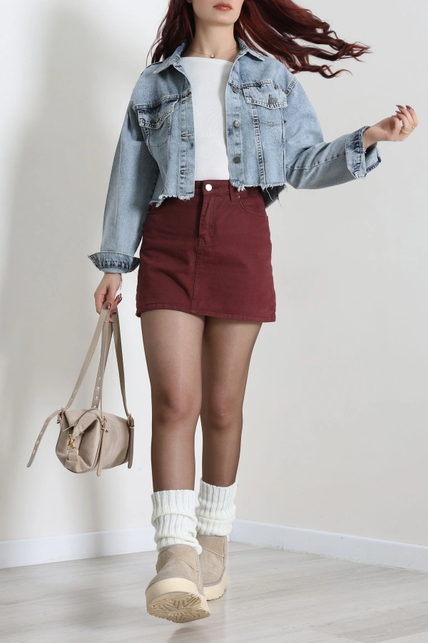 Kadın Mavi Crop Kot Ceket Karyıkama Detaylı Regular Fit 2