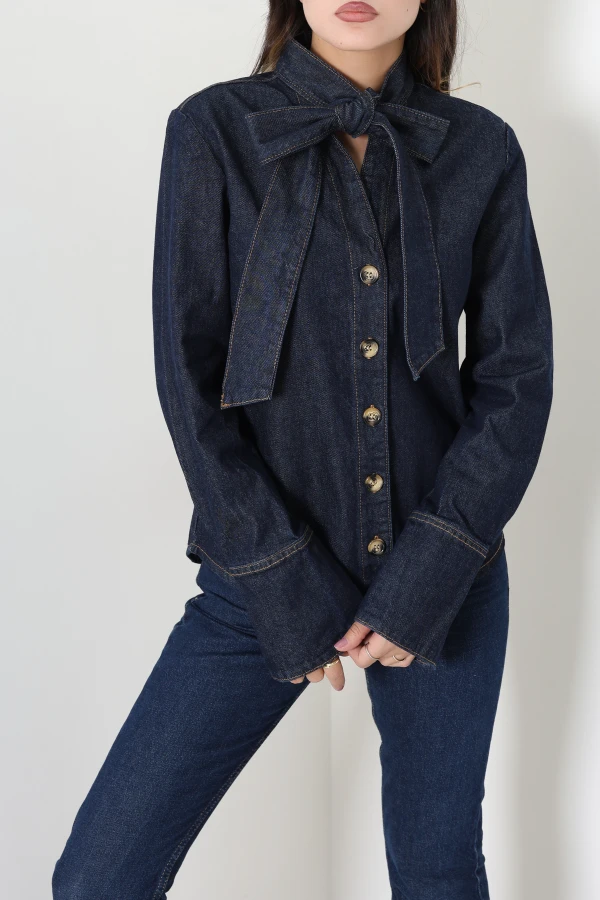 Bağlama Detay Denim Gömlek Lacivert