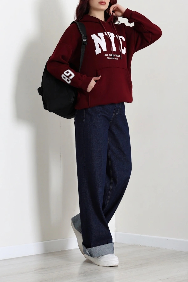 Kadın Bordo Kapüşonlu Baskılı Sweat Tunik 2