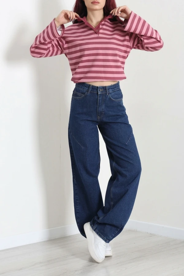 Kadın Koyu Mavi Dikiş Detaylı Baggy Fit Yüksek Bel Kot Pantolon