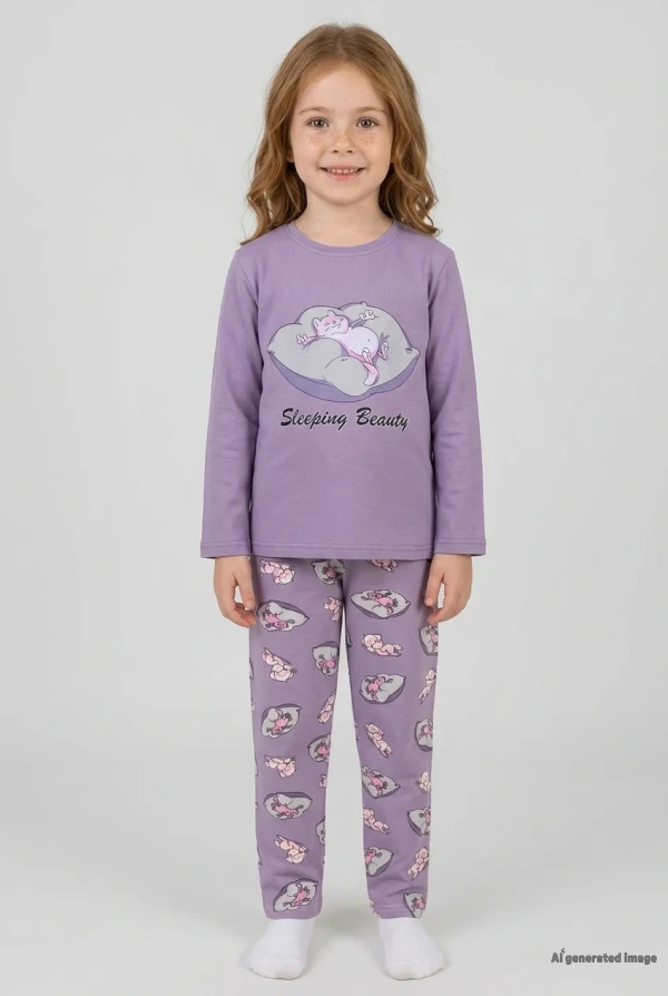 Çocuk Mor 5-9 Yaş Pijama Takımı Uzun Kollu Pamuklu