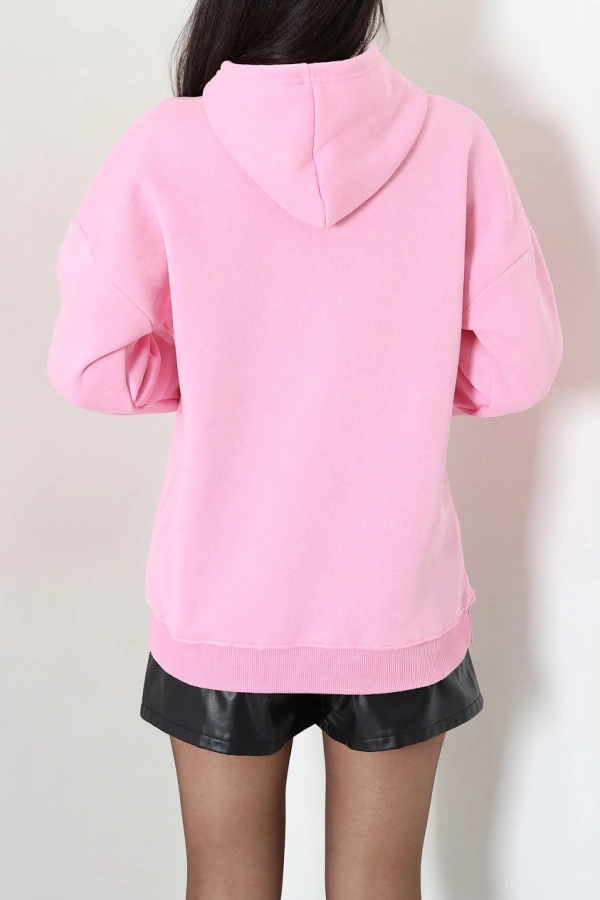 Kadın Pembe Kapüşonlu Baskılı Oversize Sweat Tunik 8
