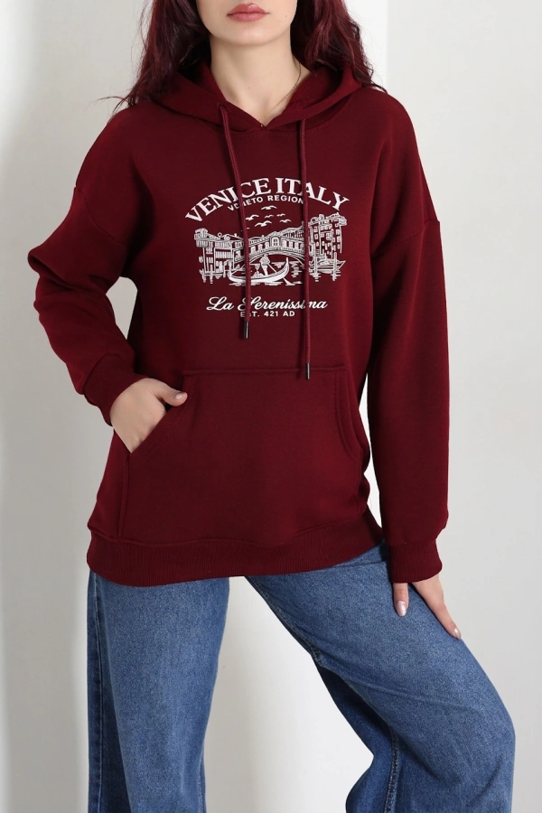 Kapşonlu Baskılı Sweat Bordo 3