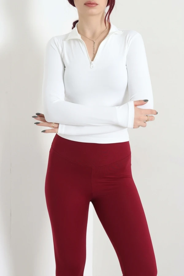 Kadın Ekru Dalgıç Kumaş Fermuarlı Basic Body 3