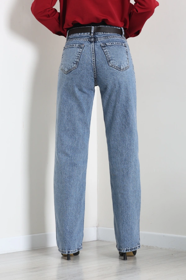 Kadın Açık Mavi Kemerli Straight Fit Yüksek Bel Kot Pantolon 7