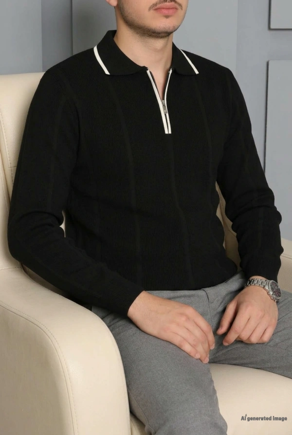 Çizgili Polo Yaka Erkek Triko Sweat Siyah