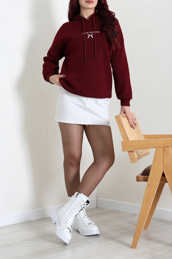 Kadın Bordo Üç İplik Kapüşonlu Nakışlı Sweatshirt 3