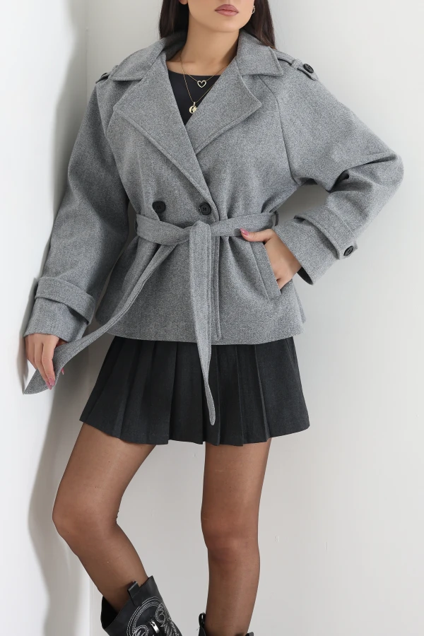 Kadın Gri Oversize Astarlı İthal Kaşe Kaban 5