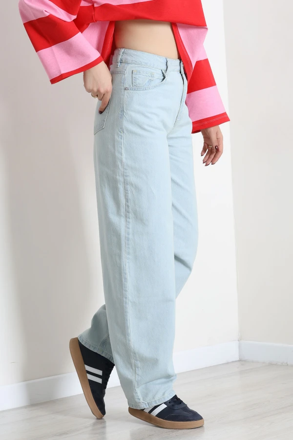 Kadın Buz Mavi Baggy Fit Yüksek Bel Kot Pantolon 5