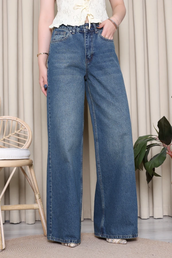 Kadın Koyu Mavi Wide Leg Yüksek Bel Kot Pantolon