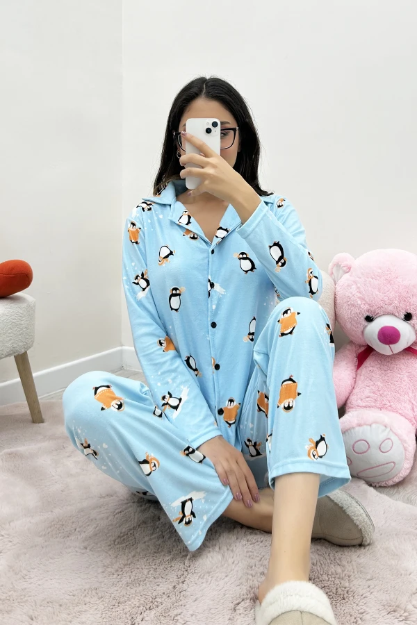 Süet Düğmeli Pijama Takımı Açıkmavi 5