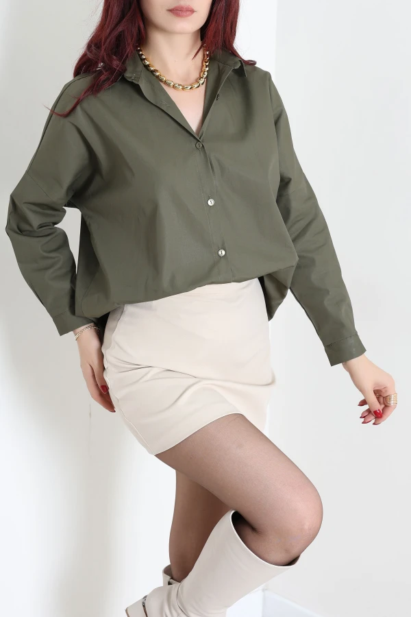 Oversize Poplin Gömlek Haki 2