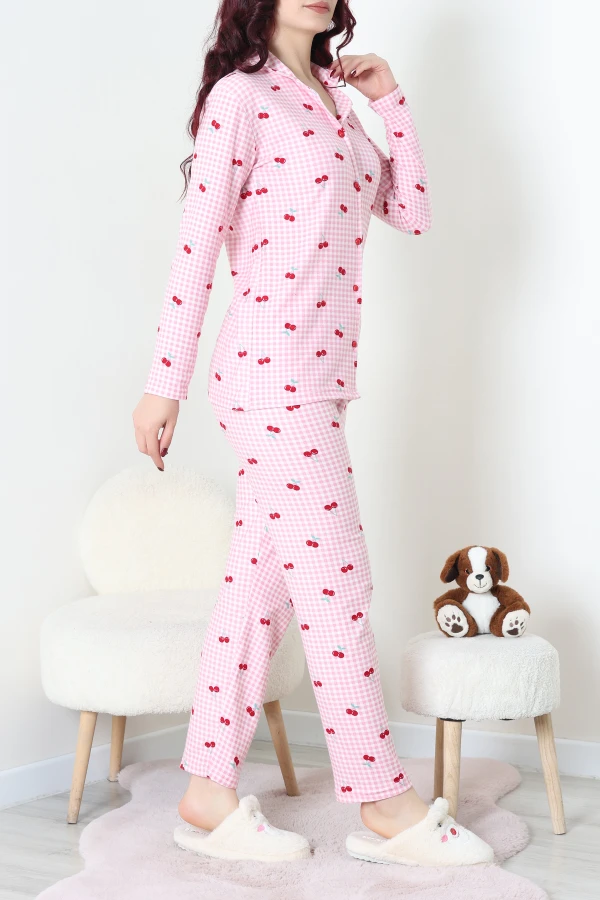 Kadın Pembe Süet Düğmeli Pijama Takımı Kiraz Baskılı 5