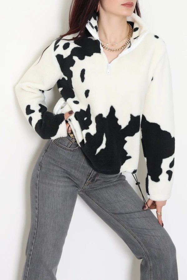 Kadın Ekru Oversize Yarım Fermuarlı Peluş Sweatshirt Tunik