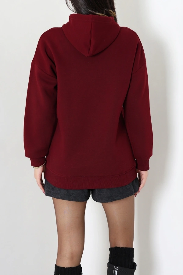 Kadın Bordo Üç İplik Kapüşonlu Baskılı Sweat Tunik 7