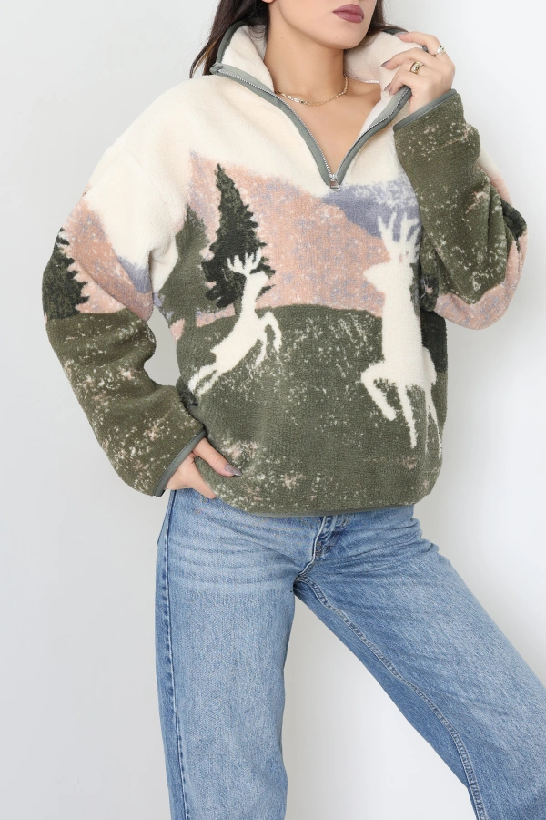 Kadın Bej Baskılı Peluş Sweat Ceket Yelek 5