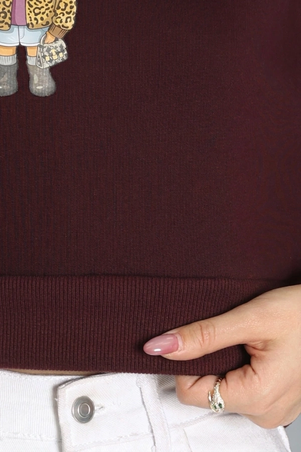 Kadın Mürdüm 3 İplik Şardonlu Baskılı Sweat Tunik 7