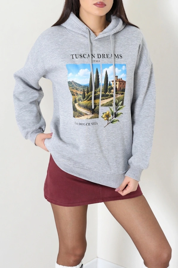 Kadın Gri Üç İplik Kapüşonlu Baskılı Sweat Tunik 3