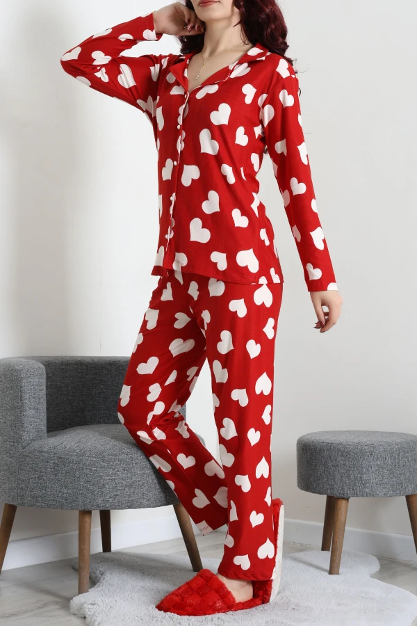 Kadın Bordo Süet Düğmeli Kalpli Pijama Takımı 3