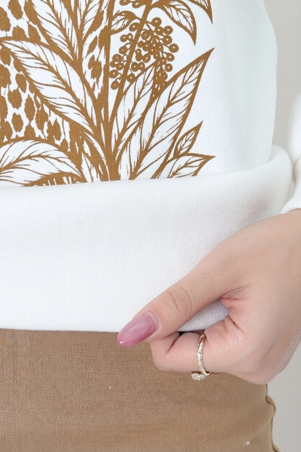 Kadın Ekru Üç İplik Kapüşonlu Baskılı Sweat Tunik 7
