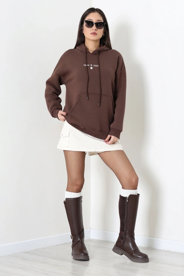 Kadın Kahve Üç İplik Kapüşonlu Nakışlı Sweatshirt Tunik 2