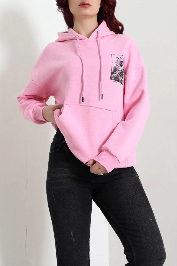 Kadın Pembe Kapüşonlu Baskılı Oversize Sweat Tunik 5