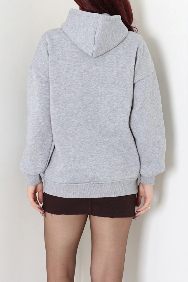 Kadın Gri Üç İplik Kapüşonlu Baskılı Oversize Sweat 8