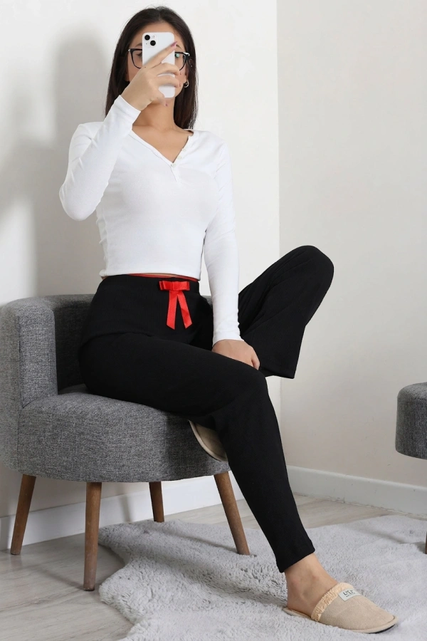 Kadın Siyah Ribana Pamuklu Rahat Kalıp Pijama Altı 2