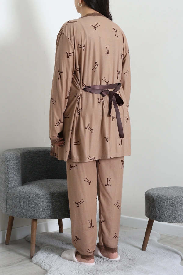 Kadın Vizon Süet 3'lü Büyük Beden Pijama Takımı 7
